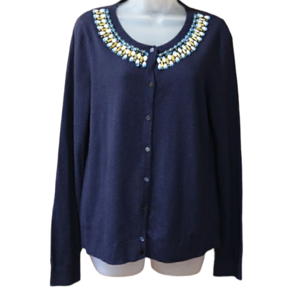 Talbots Navy Blue Beaded Cardigan Lambswool Blend Sweater Large